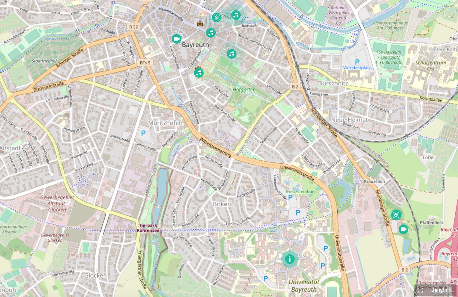Screenshot der interaktiven Thinglink-Karte von Bayreuth